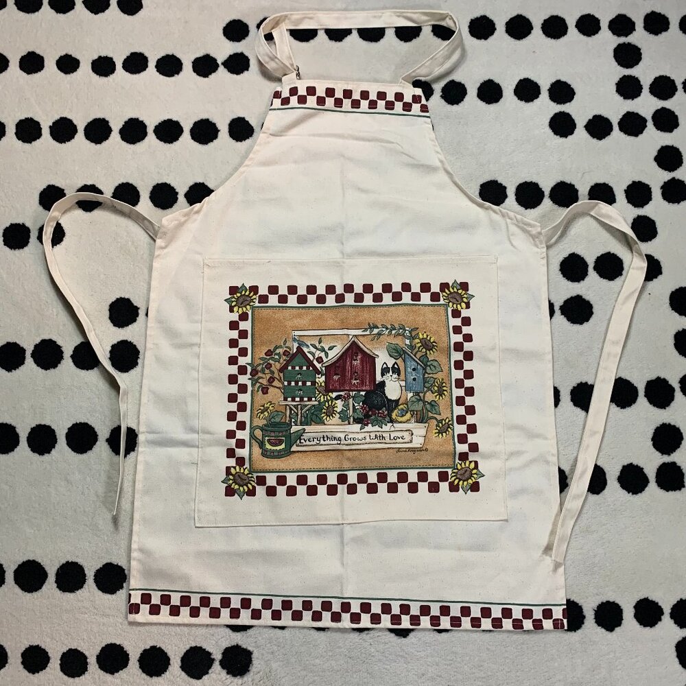 Vintage Kay Dee Design Cottagecore Apron Cat Everything Grows with Love Baking